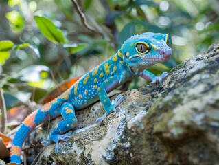 Fototapeta premium Blue and orange gecko on a rock.