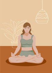 Woman in lotus pose with eyes closed. Vector illustration