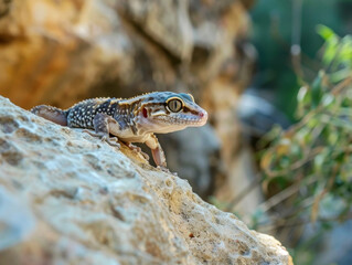 Fototapeta premium Brown gecko with striking eyes on a rock.