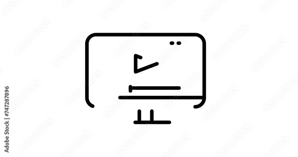 Poster video player on monitor animated outline icon on white background. video player 4k video animation f