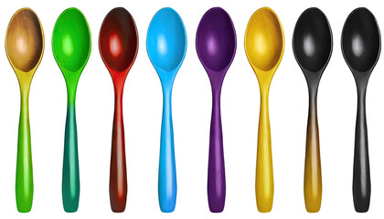 set of Plastic spoons violet, orange, yellow, blue, red. isolated on a transparent background. PNG cutout or clipping	
