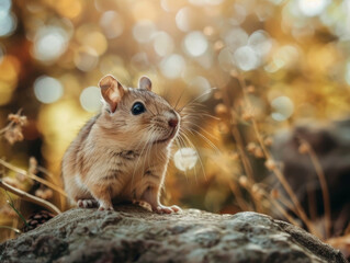 A charming gerbil perched on a rock among autumn nature.