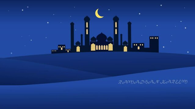 Ramadhan Animation background, with Mosque and starry night desert landscape background with ramadhan kareem writing, 4k video Motion graphic.
