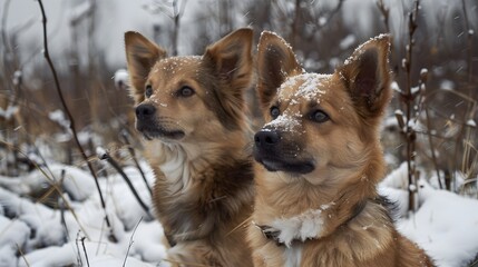 Two Icelandic Sheepdogs in Snowy Weather