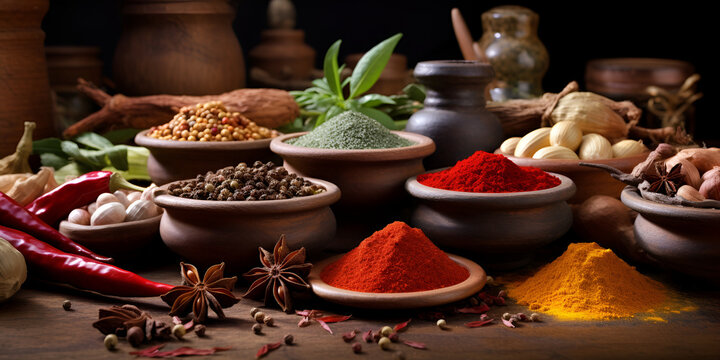 Spices, And Herbs On A White Background. Variety Of Spices In Bowls, Spices, And Herbs In A Market, Spices, And Herbs On A Wooden Table