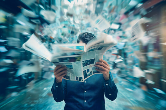 Physical newspaper exploding in a business man face, misinformation concept.