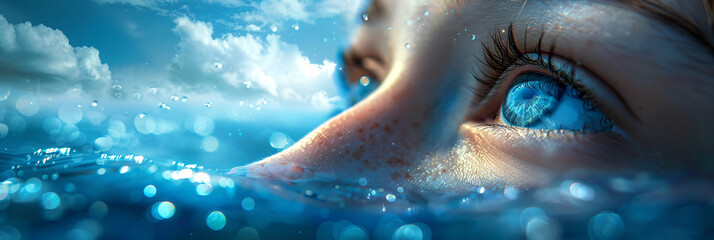 Close-up of a woman's eye reflecting the sky, with a surreal overlay of water and clouds. Vision and perception concept for design and wallpaper with copy space