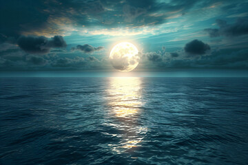 Moonrise over tranquil sea with clouds. Celestial beauty and night sea concept for design and wallpaper with copy space.