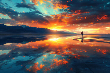 Figure standing on salt flats with reflective water at sunset. Self-discovery and vastness concept for design and wallpaper