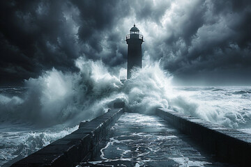 Lighthouse standing resilient against tumultuous sea waves during a storm. Maritime safety and the fury of nature concept for design and wallpaper with copy space. - obrazy, fototapety, plakaty