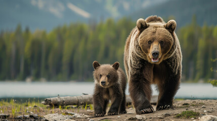 Obraz premium Grizzly bear mother walks with her cub in a wild, forested area.