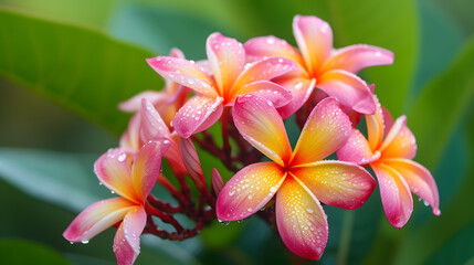 Vibrant Pink and Yellow Plumeria Flowers with Water Drops on Green Background