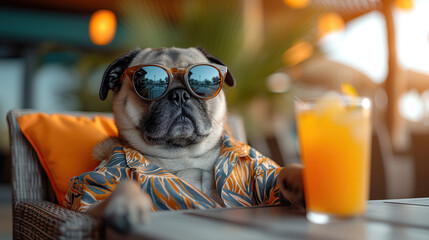 Portrait of a  pug wearing trendy mirror sunglasses and Hawaiian shirt sitting in the beach bar with glass of orange juice