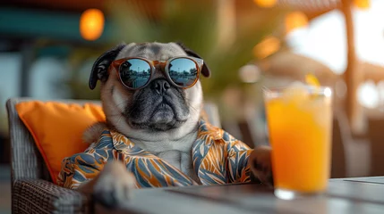 Foto op Plexiglas Portrait of a  pug wearing trendy mirror sunglasses and Hawaiian shirt sitting in the beach bar with glass of orange juice © lena.livaya