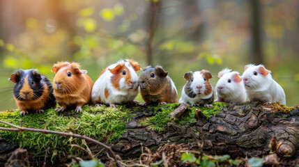 A bunch of various guinea pigs standing playfully on a forest log.