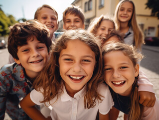 Fototapeta premium Portrait of children having fun in the city street at sunny day.