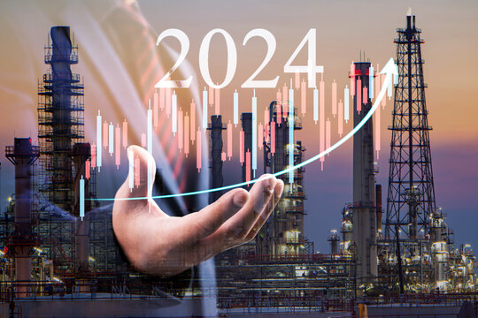 Double exposure of businessman show graph increasing with refinery plant background
