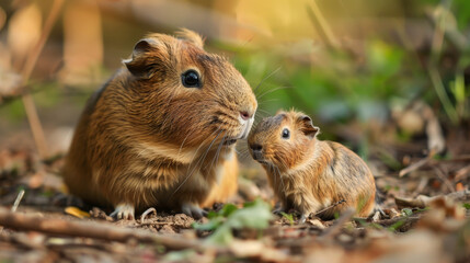 Naklejka na ściany i meble A mother guinea pig with her baby among fallen leaves on a forest floor.