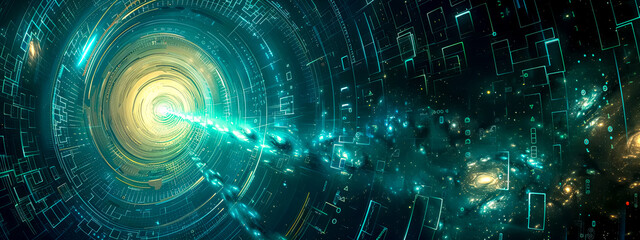 Futuristic Data Tunnel with Digital Elements and Cosmic Background
