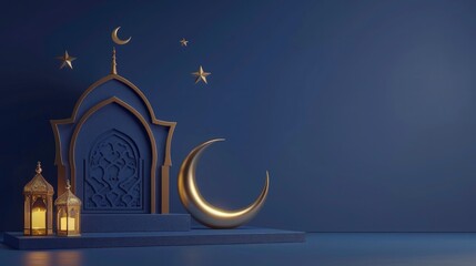 3d gold mosque Lantern podium and crescent ornaments. Islamic Ramadan Kareem product promotion greeting background with copy space