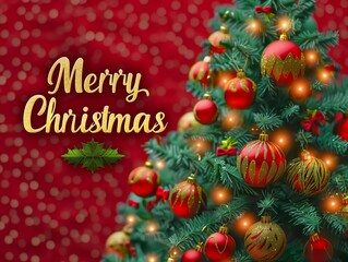 Merry Christmas, Christmas tree and ornaments are shown on a nice red wallpaper, in the style of text-based, dark emerald and yellow, art deco sensibilities, charming effect.