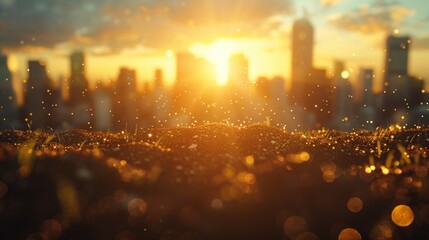Fototapeta premium Golden hour whispers over steel and soil as creators gaze upon the urban dream