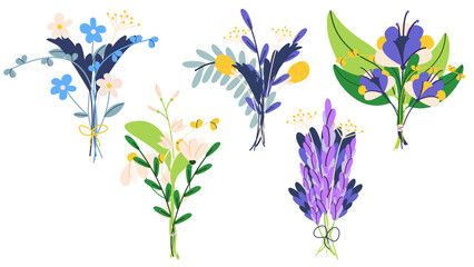 Flat vector illustration set of flower bouquets. Spring small bouquets of wildflowers. Cute illustration.