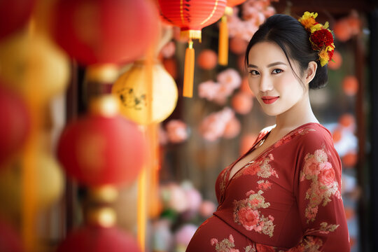 Ai generated picture of japanese charming pregnant woman dressed red traditional dress