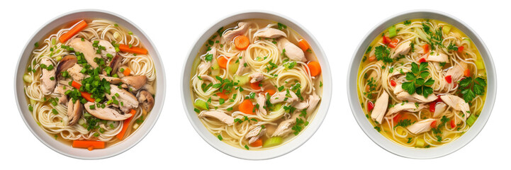 Set of chicken and vegetable noodle soup on a transparent background.
