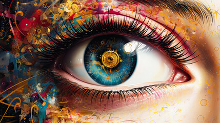 Vibrant digital artwork of a human eye with intricate steampunk elements and lively splashes of color, merging realism with fantasy