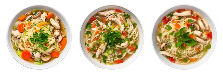 Set of chicken and vegetable noodle soup on a transparent background.
