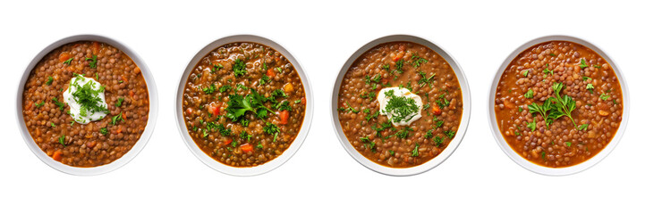 Set of hearty lentil soup on a transparent background.