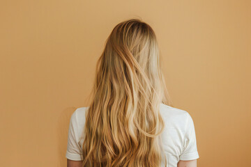 Fototapeta premium blonde beautiful hair of a young girl on a light background, back view of hair