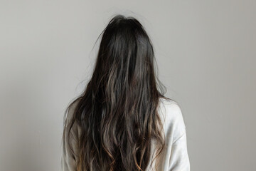 Fototapeta premium brunette beautiful hair of a young girl on a light background, back view of hair