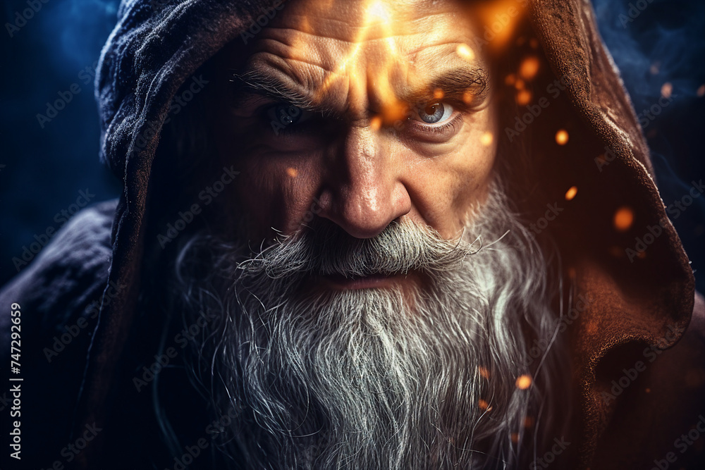 Wall mural digital generative ai collage image of old wise wizard doing spell