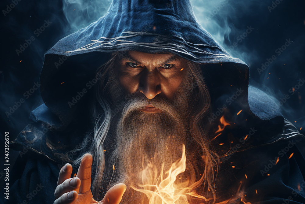Wall mural digital generative ai collage image of old wise wizard doing spell