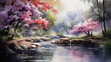 Vivid spring blossoms canopy over a serene forest stream, creating a peaceful and picturesque woodland scene. Watercolor painting illustration. - obrazy, fototapety, plakaty