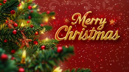 Merry Christmas, holiday tree and ornaments are shown on a nice red wallpaper, in the style of text-based, dark emerald and yellow, art deco sensibilities, charming effect.