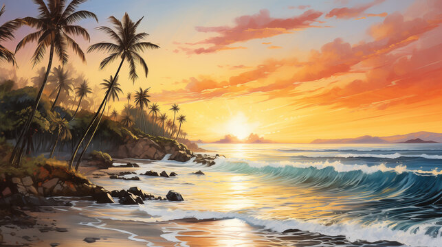The sun sets in a fiery display of colors over a tropical beach, casting a golden glow on the waves and palm trees. Watercolor painting illustration.