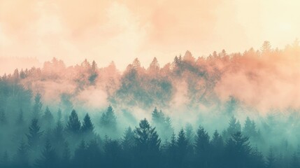 Foggy forest landscape with a hint of sunlight breaking through the trees. The image is serene and peaceful, with a touch of mystery. - obrazy, fototapety, plakaty