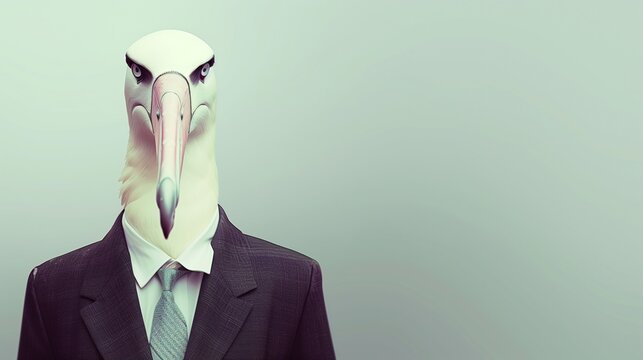 a albatross wearing a suit with a tie on a plain white background on the left side of the image and the right side blank for text