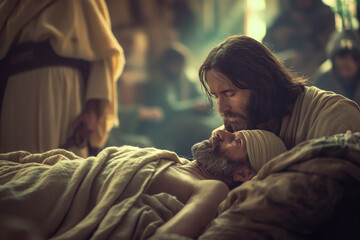 Jesus resurrecting old man. Miracles of Jesus concept. Jesus Healing the sick. Christ Healing the wounded. Bible concept. Miracles and grace. The lord touching the sick with his healing hand.  - obrazy, fototapety, plakaty