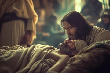 Fotobehang Jesus resurrecting old man. Miracles of Jesus concept. Jesus Healing the sick. Christ Healing the wounded. Bible concept. Miracles and grace. The lord touching the sick with his healing hand.  © ana