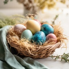 Fototapeta na wymiar Easter eggs in a wicker basket boho style