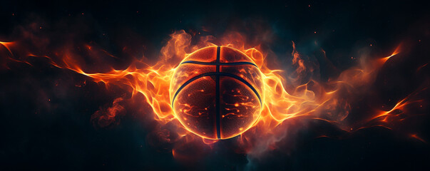 A glowing basketball floating in the vastness of flame - obrazy, fototapety, plakaty