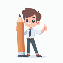 Flat design illustration of a writer. Business man holding a large pencil