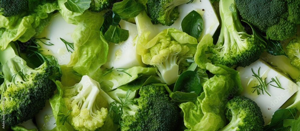 Poster a close-up top view of a pile of boiled cabbage and broccoli florets sitting on top of a table. the 