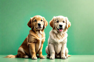 Two golden retriever labrador puppy dog sitting on green background