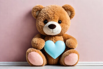 A teddy bear holds a red heart in his hands on a background of flowers as a gift for Valentine's Day, mother's Day, wedding, birthday.