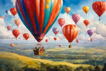 A heart-shaped balloon on a background of pink clouds and flower fields. Romantic love is a symbol of Valentine's day.